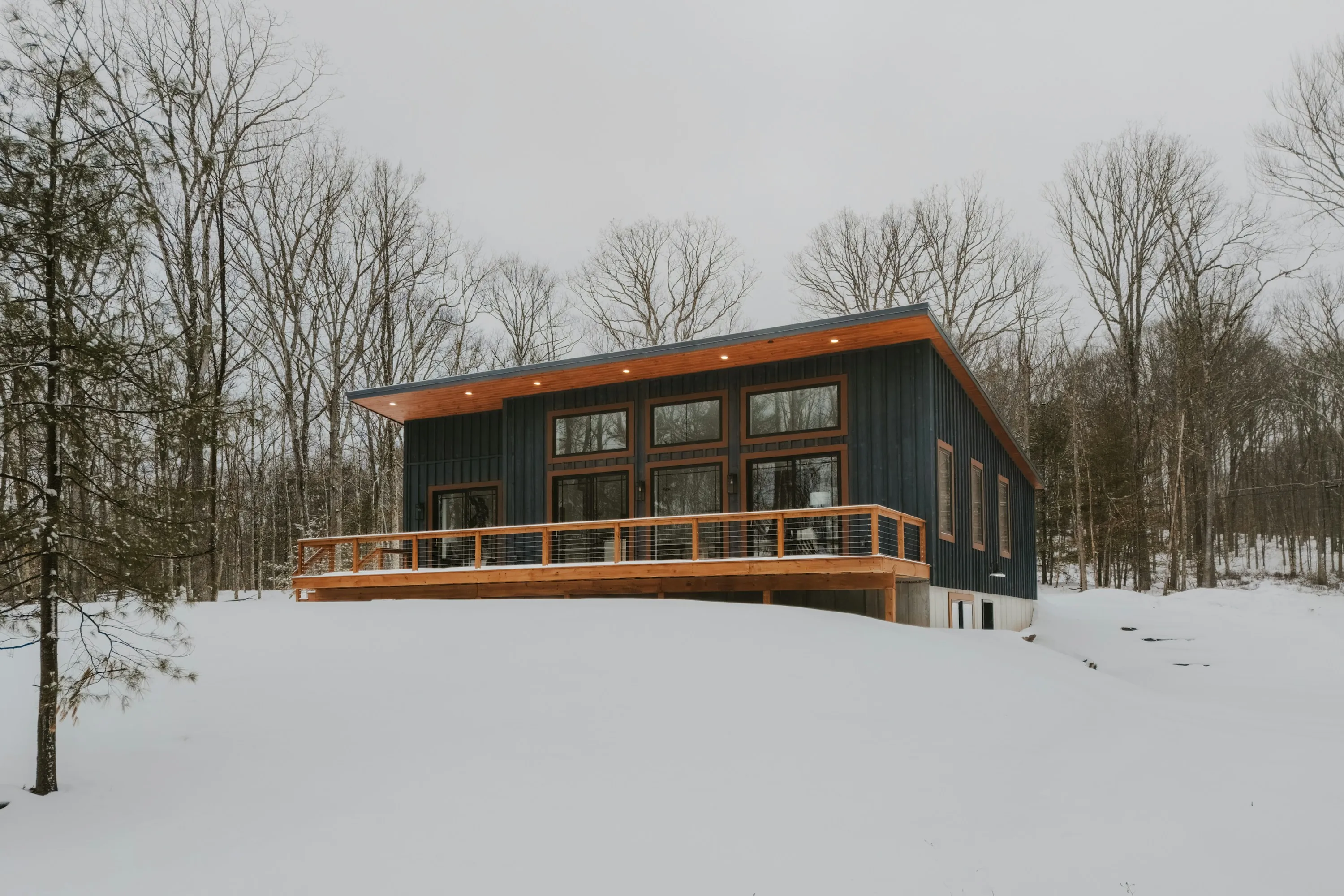 A contemporary timber ski house framed by a winter woodland