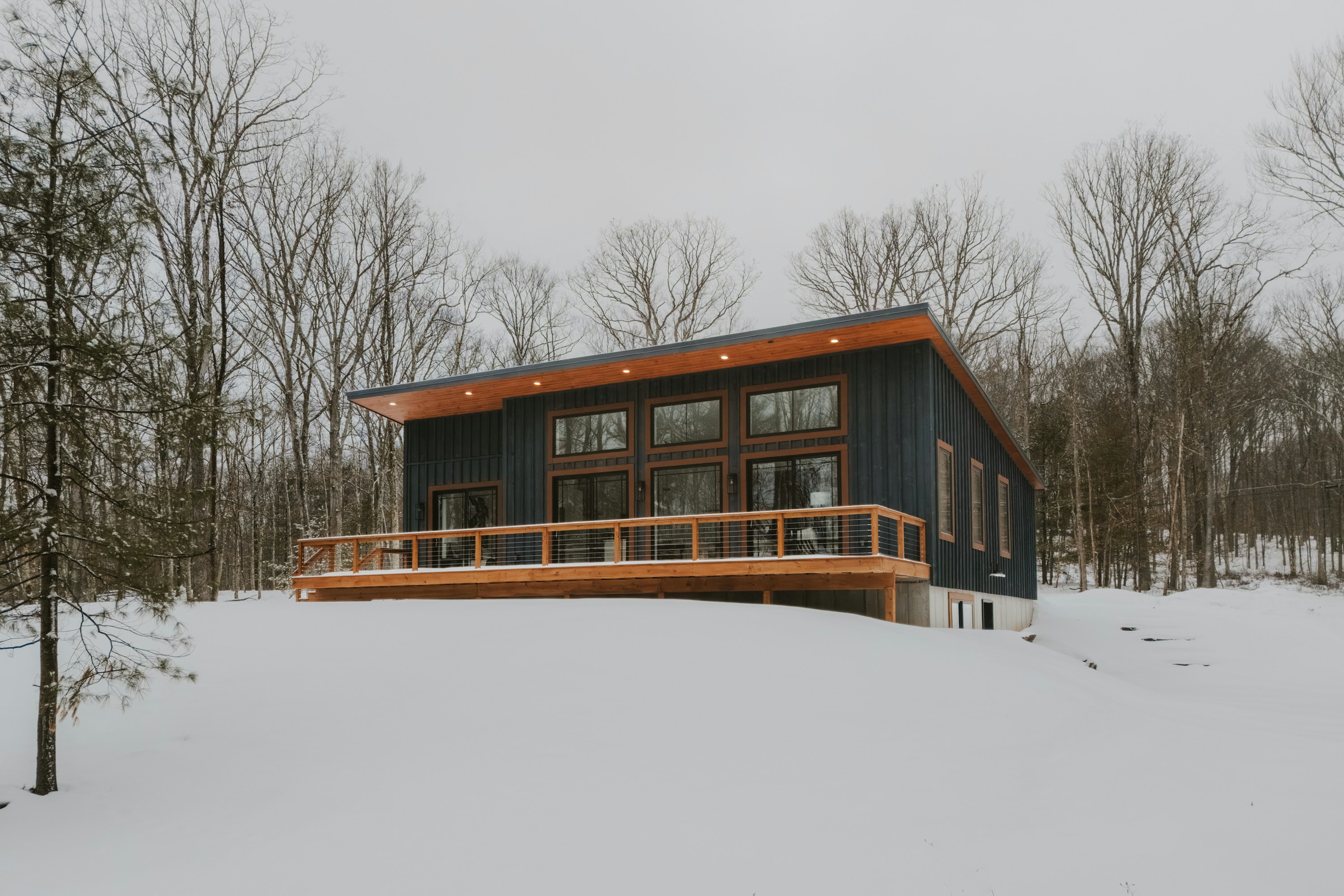 A contemporary timber ski house framed by a winter woodland