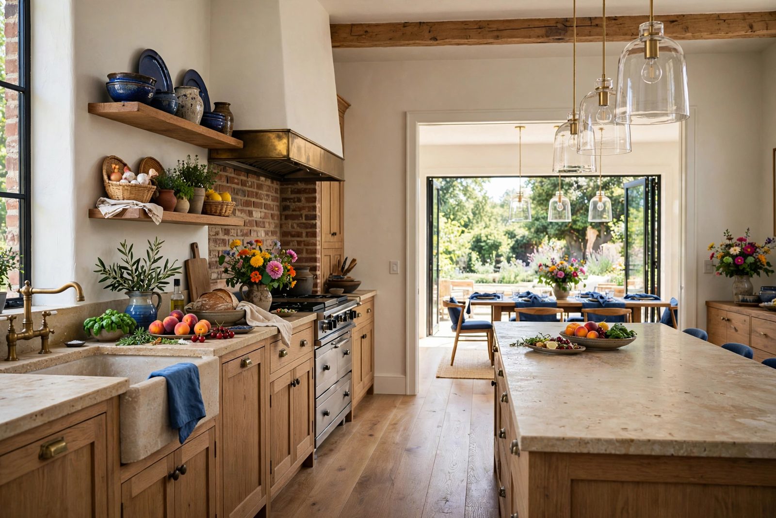 A light-filled kitchen with oak cabinetry, a generous island, and an adjoining dining space opening to the garden