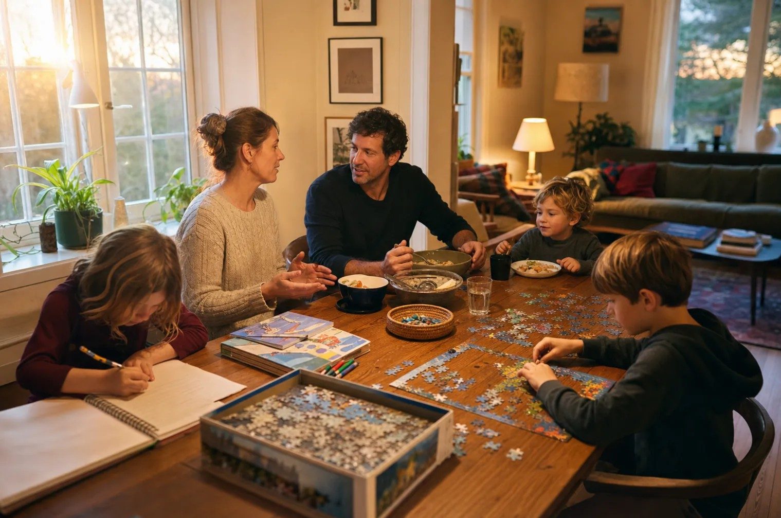 A family sharing a meal, drawing, and working on a puzzle around a dining table