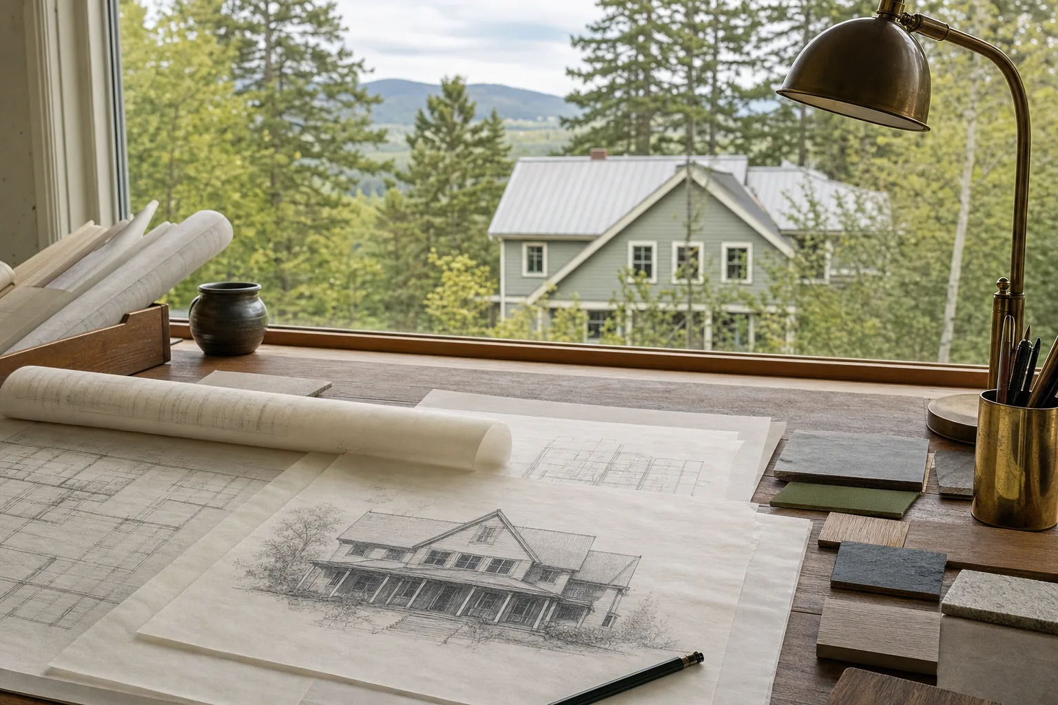 Architectural planning materials arranged for a home design project