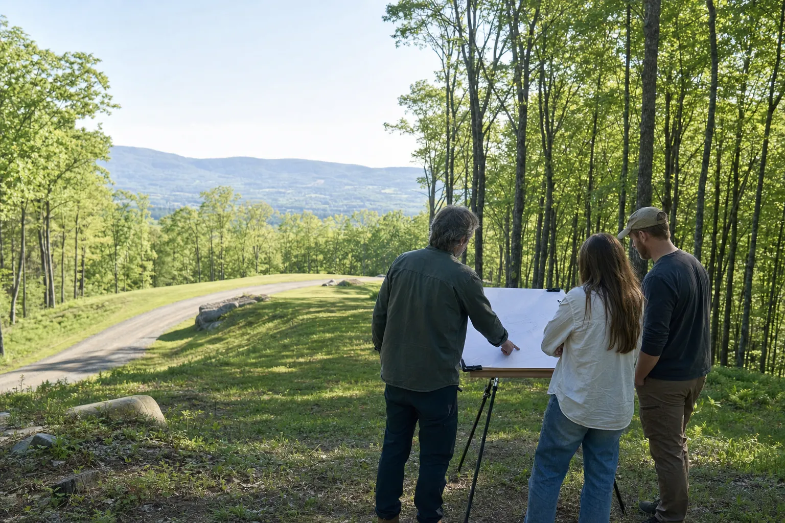 A Vermont architect and homeowners reviewing a site plan on a wooded property