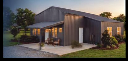 Illustration of a steel barndominium with a covered porch