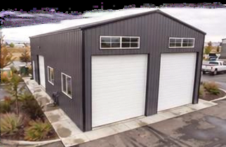 Illustration of a steel garage with two overhead doors