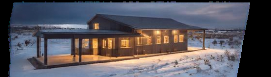 Illustration of a steel home and workshop in a winter setting