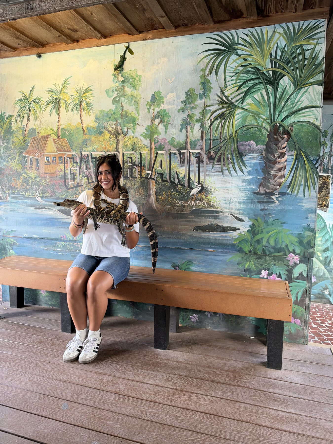Person holding an alligator in front of a Gatorland mural