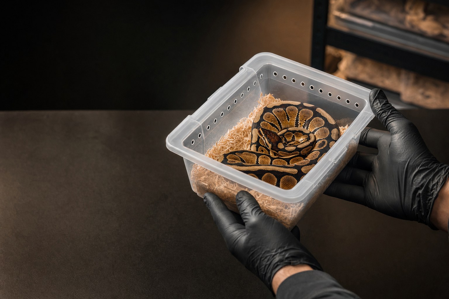Professional breeder handling a transport tub