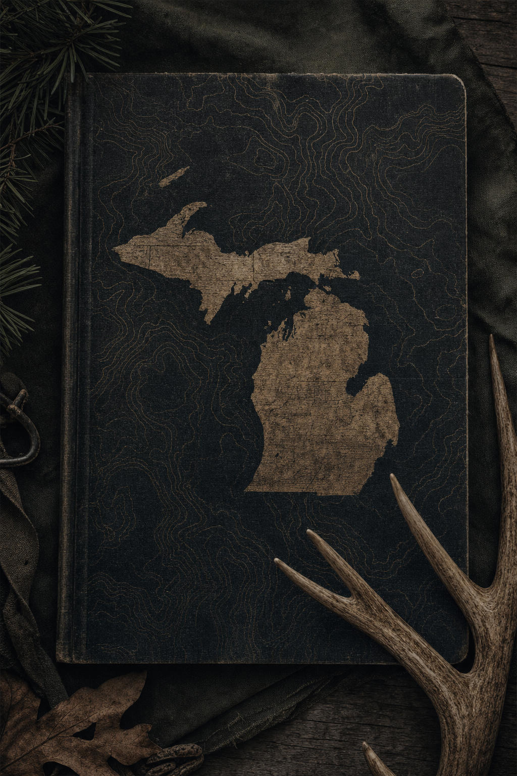 A field notebook with a Michigan map and deer antlers