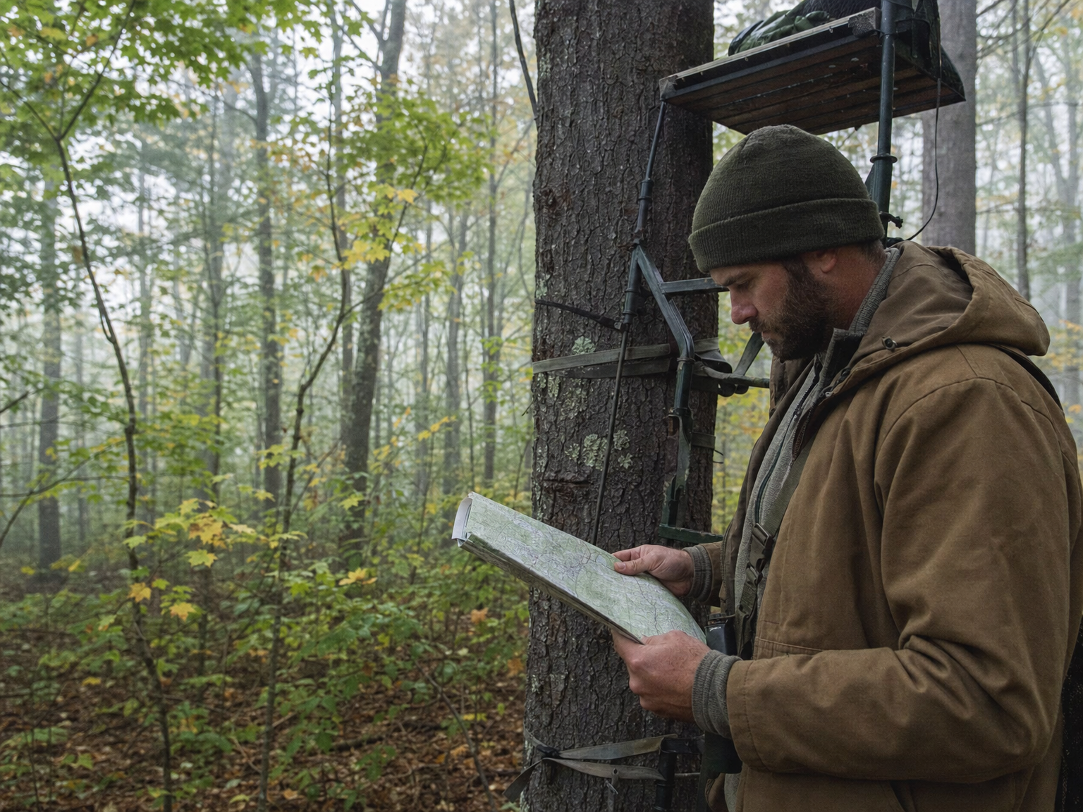 Hunter reviewing a map beside a tree stand in Michigan woods