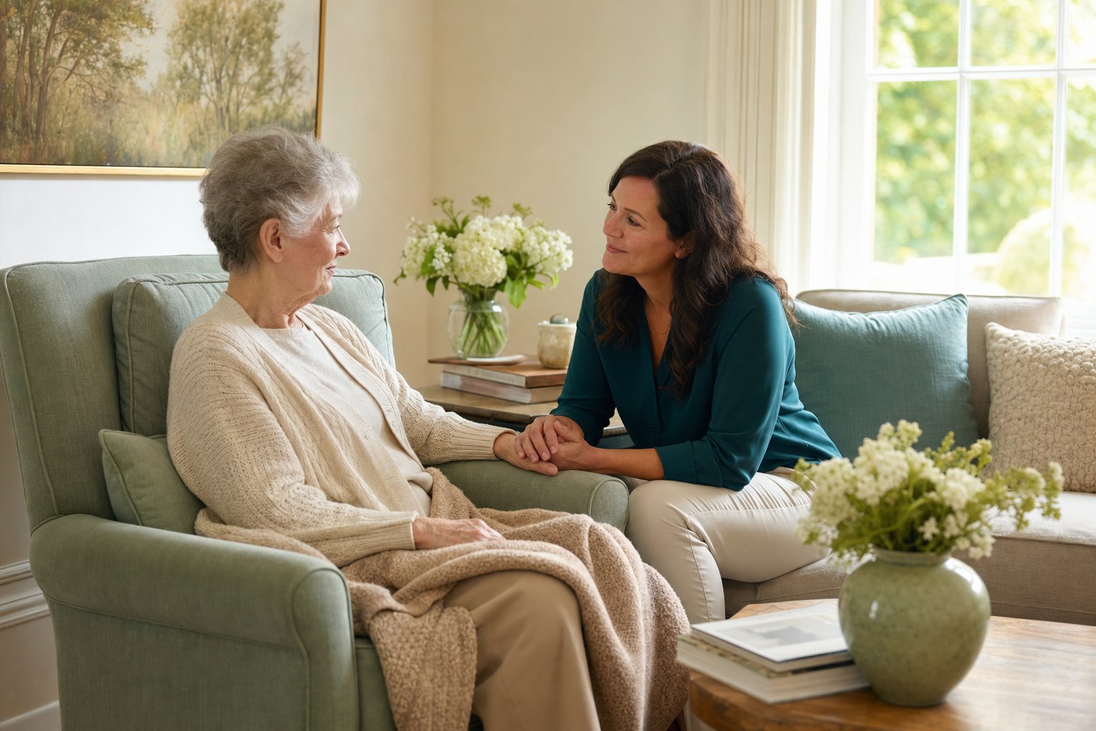 Caregiver offering calm support to an older adult at home