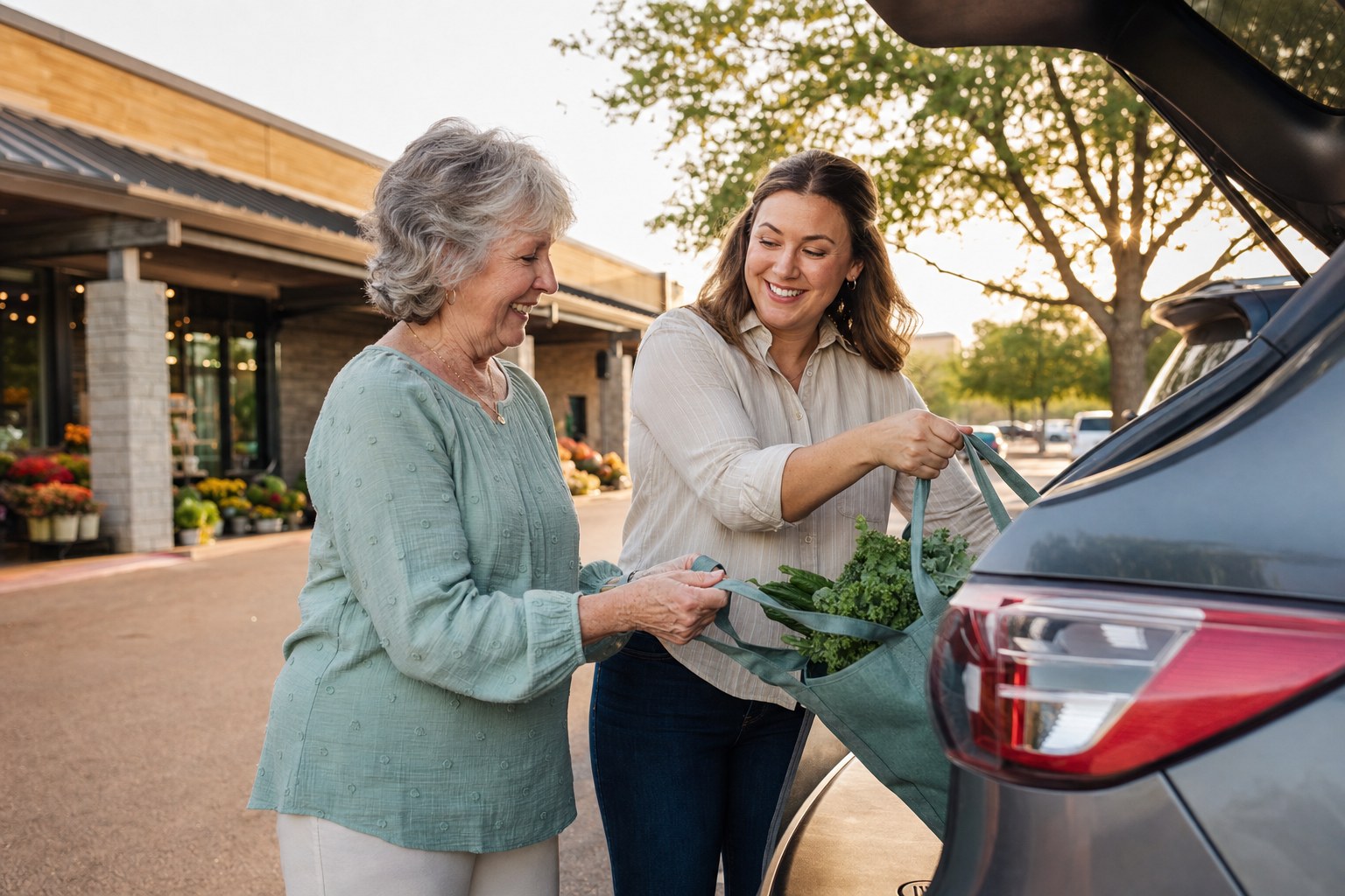 An older adult and caregiver leaving home together for an errand