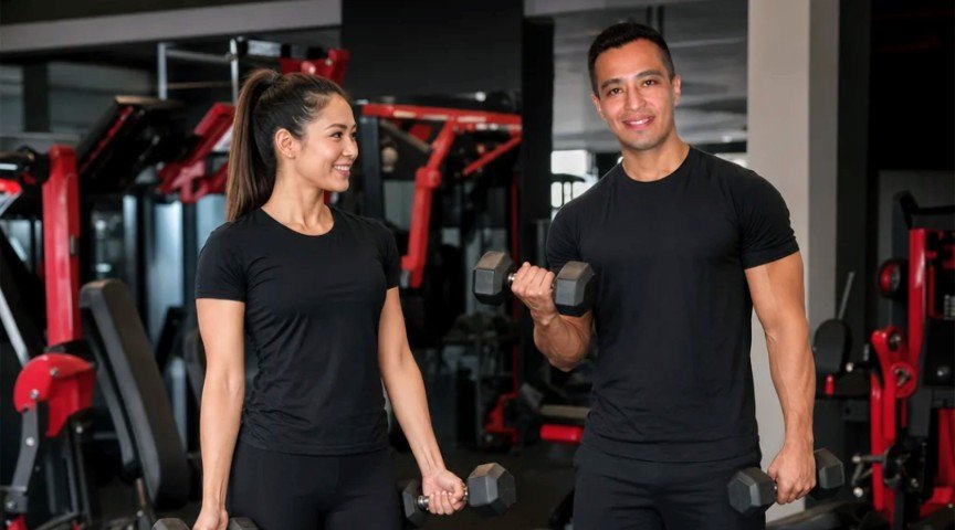 Personal trainer coaching a client through a dumbbell exercise