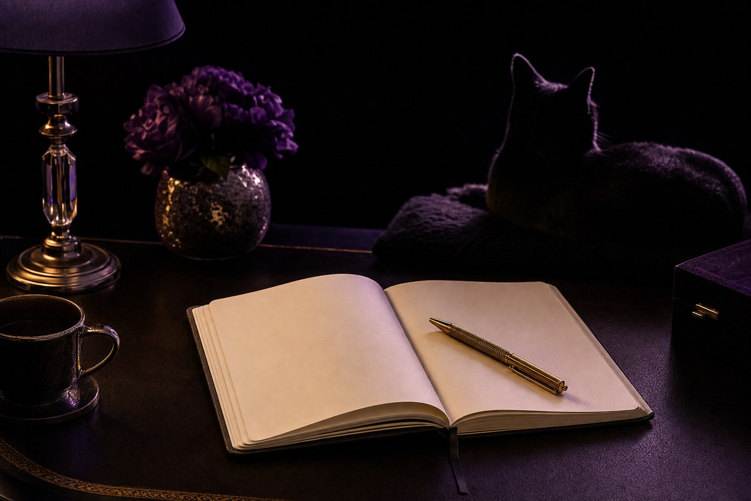 An open planning notebook with a gold pen on a dark desk