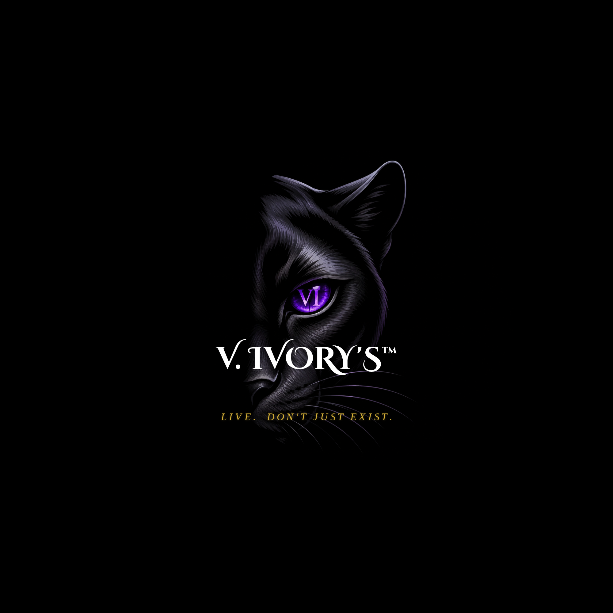 V. Ivory’s logo, featuring a violet-eyed black cat and the Live. Don’t just exist. slogan