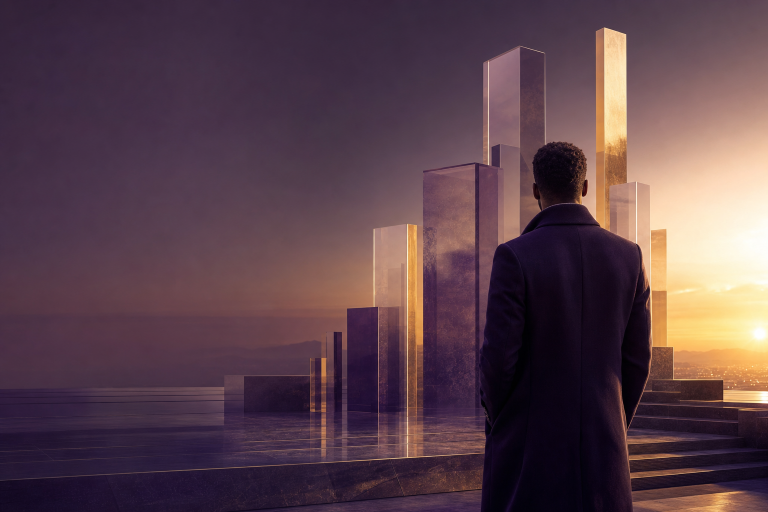 A person facing a golden future among violet and gold monuments