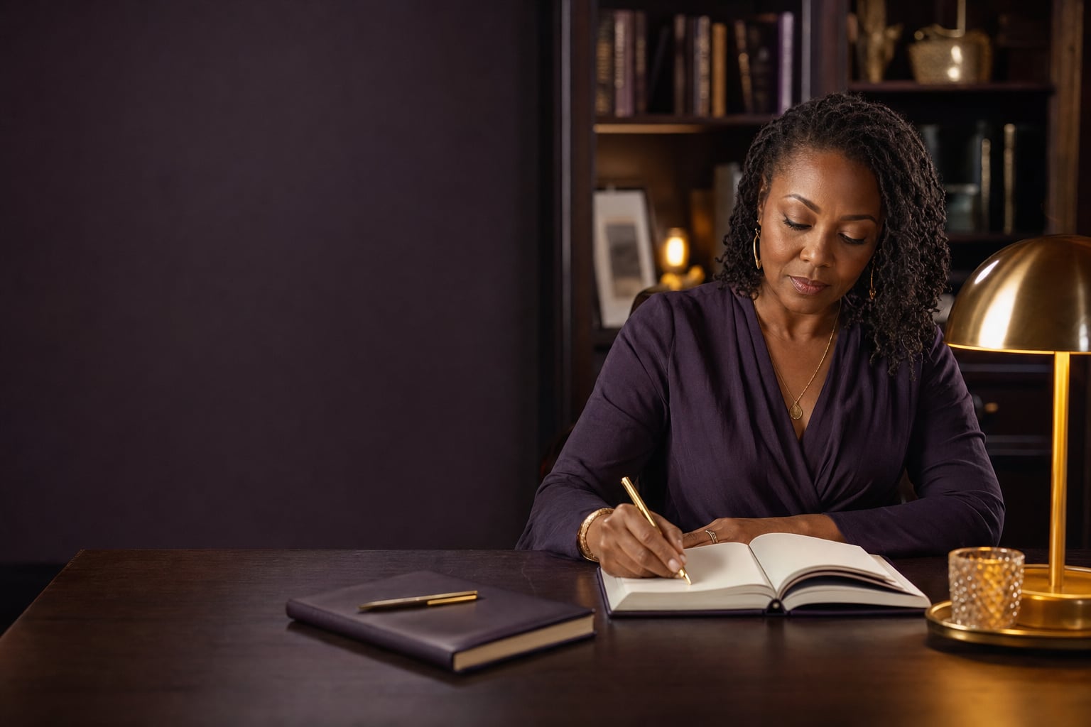 A woman writing in a planning workbook at a desk
