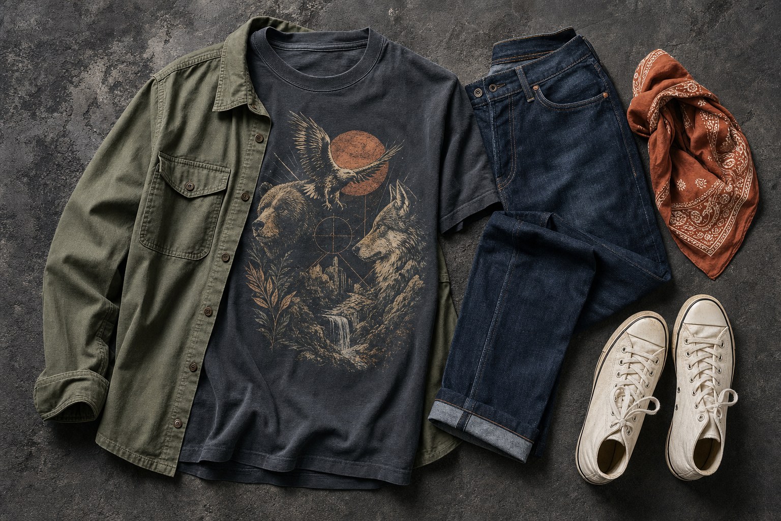 Wildlife graphic tee styled with an olive overshirt, dark denim, sneakers, and a rust bandana