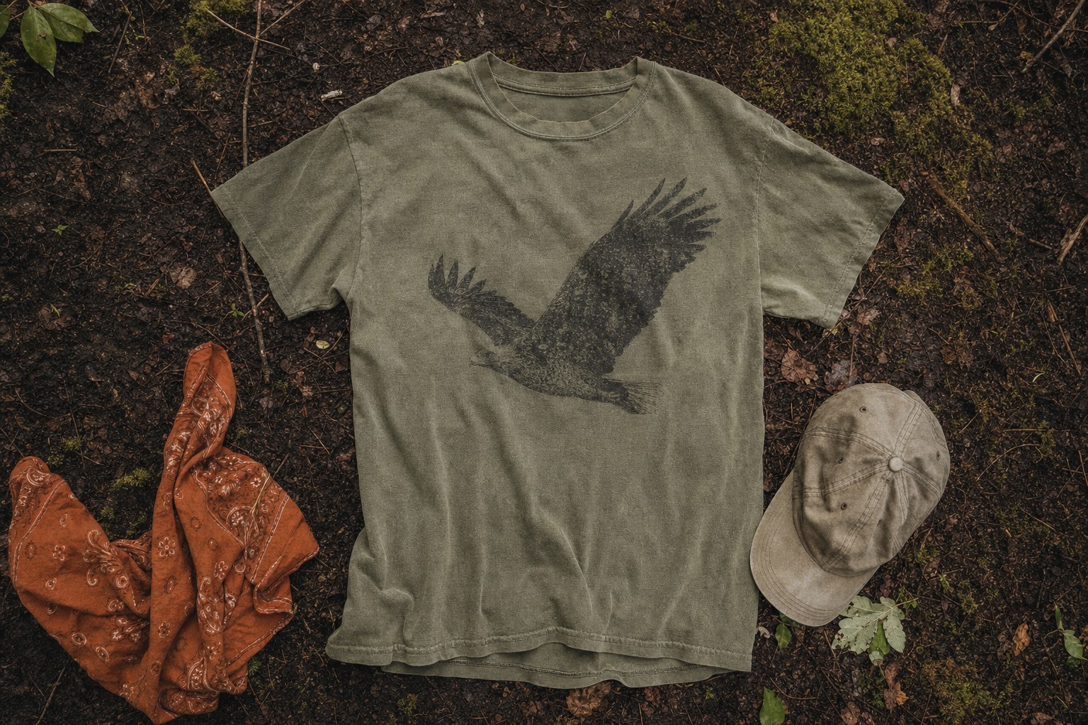 Olive graphic tee, rust bandana, and canvas cap arranged on a forest floor