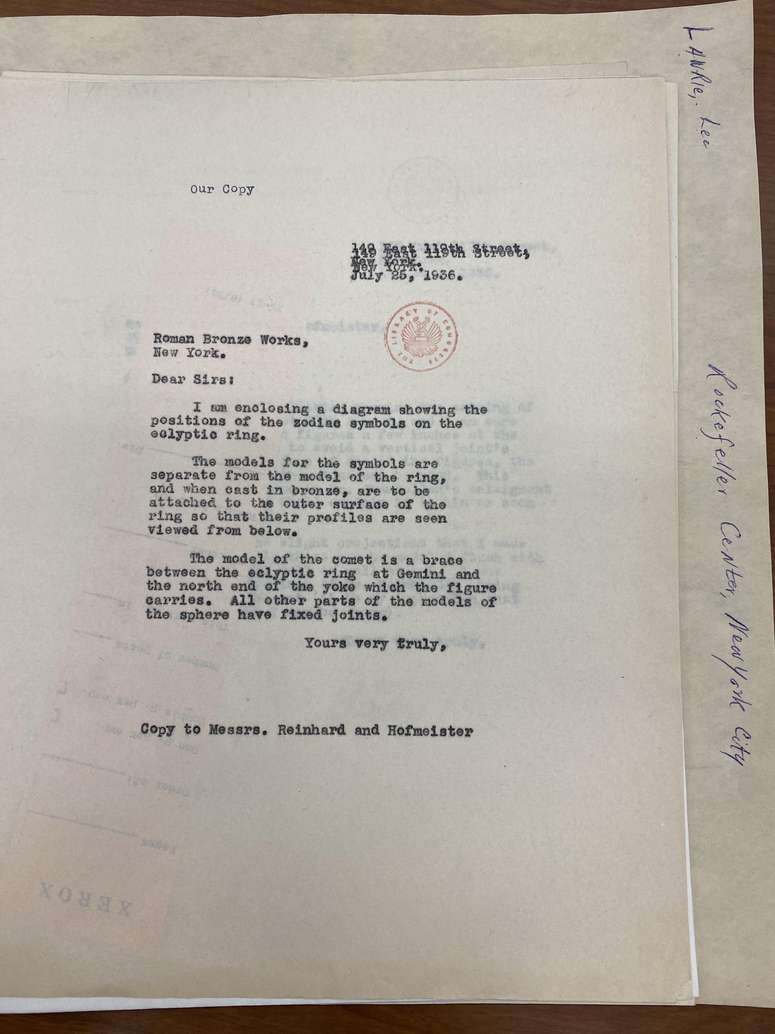 July 25, 1936 letter describing zodiac-symbol placement on the Atlas ecliptic ring