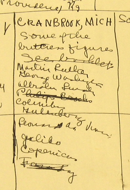 Cranbrook archive document identifying Lee Lawrie as sculptor of certain buttress figures, including George Washington and Abraham Lincoln