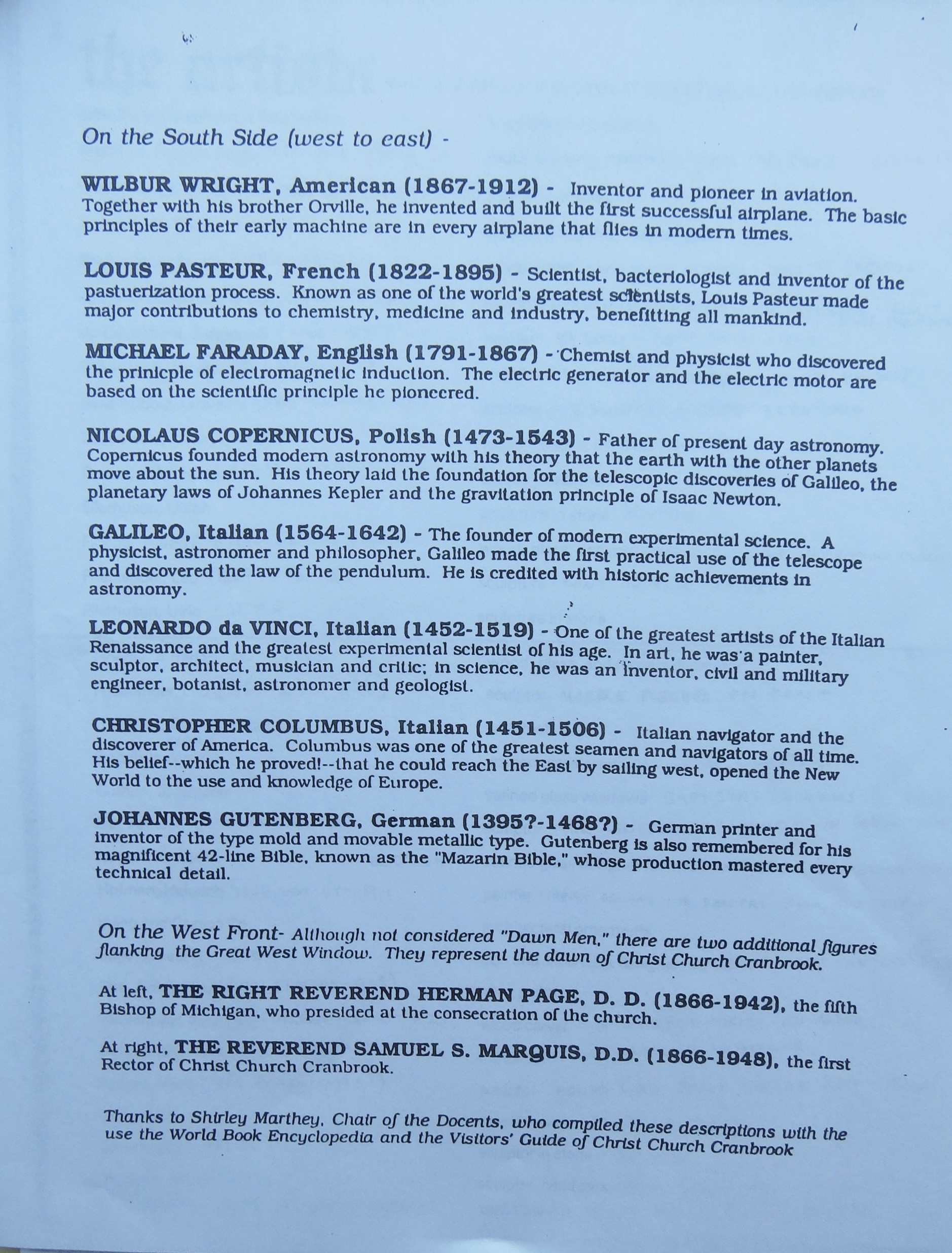 Christ Church Cranbrook publication listing the Dawn Men on the north side of the church