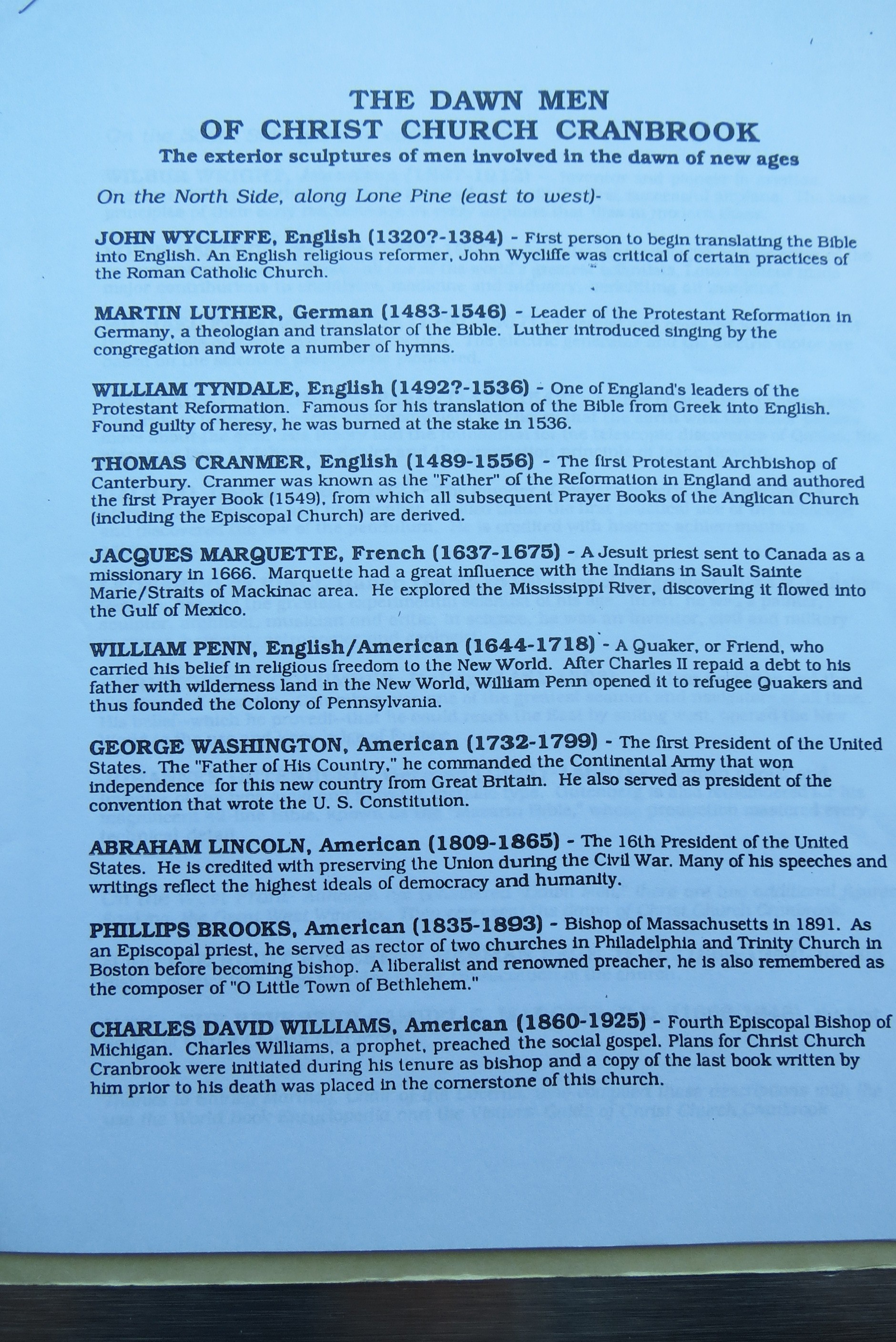 Christ Church Cranbrook publication listing the Dawn Men on the south side of the church