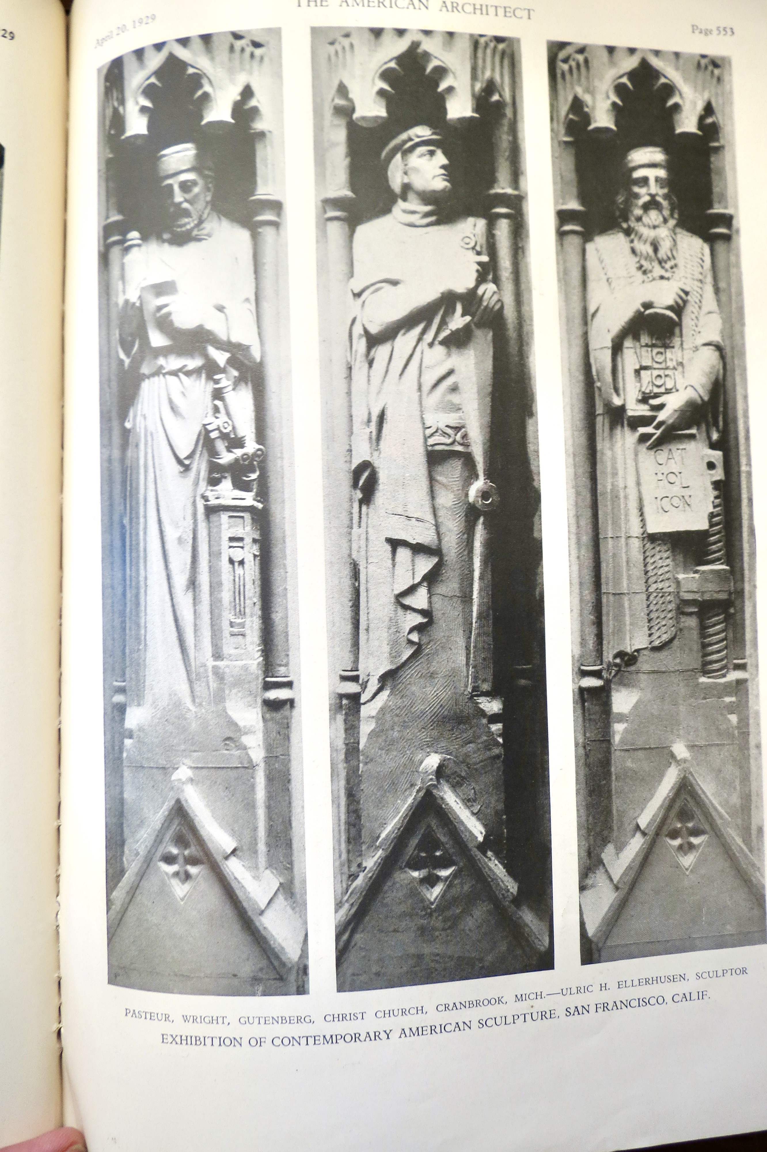 American Architect magazine page showing maquettes of Louis Pasteur, Wilbur Wright and Johannes Gutenberg for Christ Church Cranbrook