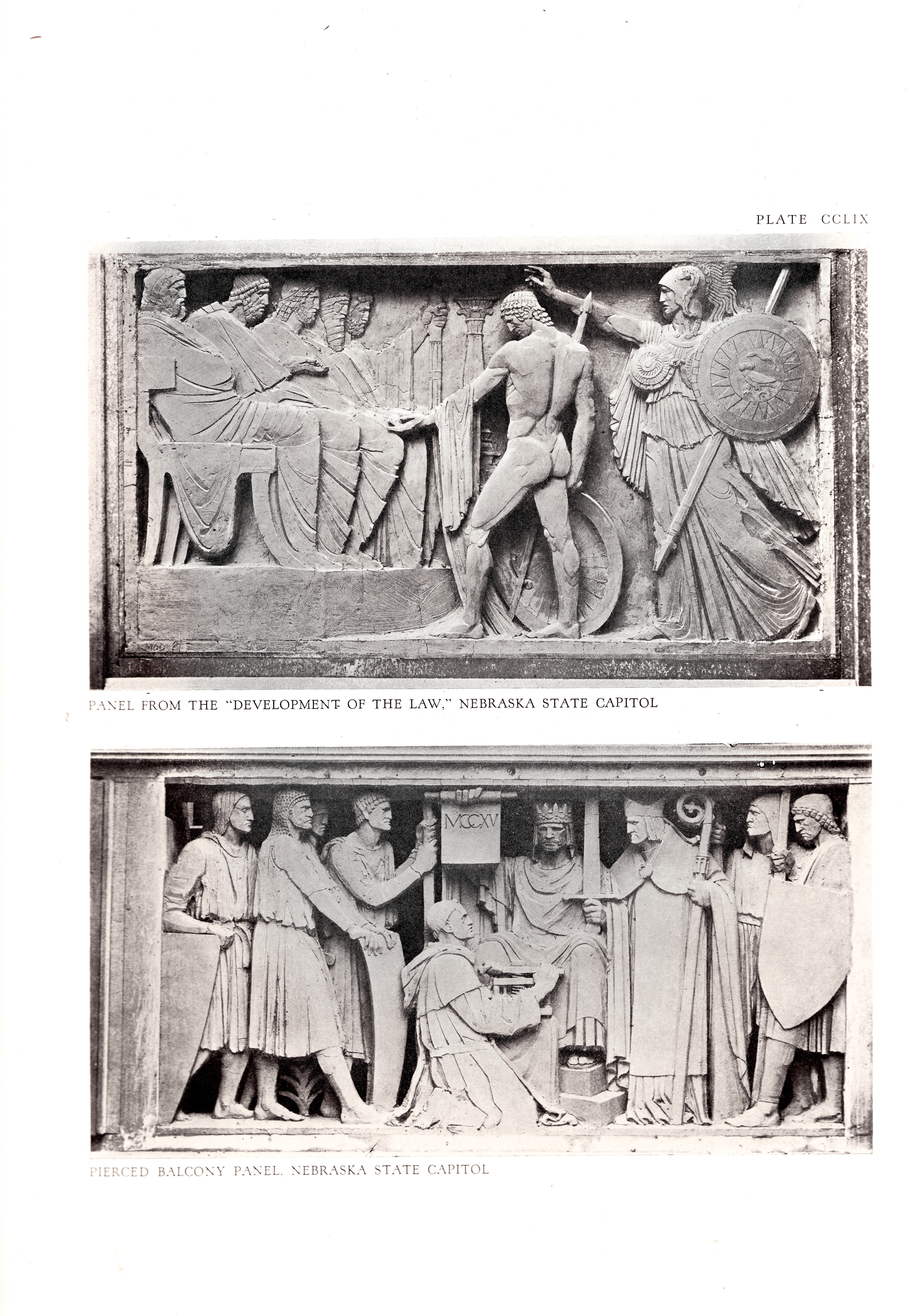 Archival document of Trial of Orestes and Magna Carta panels, Nebraska State Capitol, A Harmony of the Arts, Whitaker, AIA, 1926. The upper panel depicts the Trial of Orestes, and the lower panel depicts the Magna Carta., from Lee Lawrie’s Nebraska State Capitol collection.