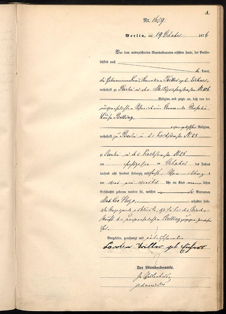 Original birth certificate of Hugo Belling, Biographical documents