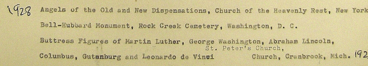 Library of Congress inventory attributing the Cranbrook buttress figures of Martin Luther, George Washington, Abraham Lincoln, Columbus, Gutenberg and Leonardo da Vinci to Lee Lawrie