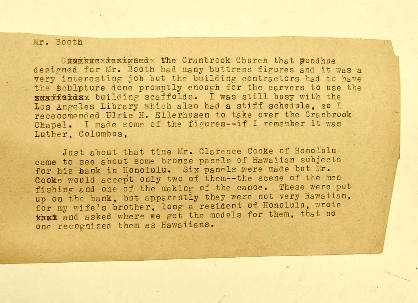 Typescript from Lee Lawrie’s Library of Congress archive explaining that Ulric H. Ellerhusen took over Cranbrook Chapel sculpture while Lawrie was occupied with the Los Angeles Library
