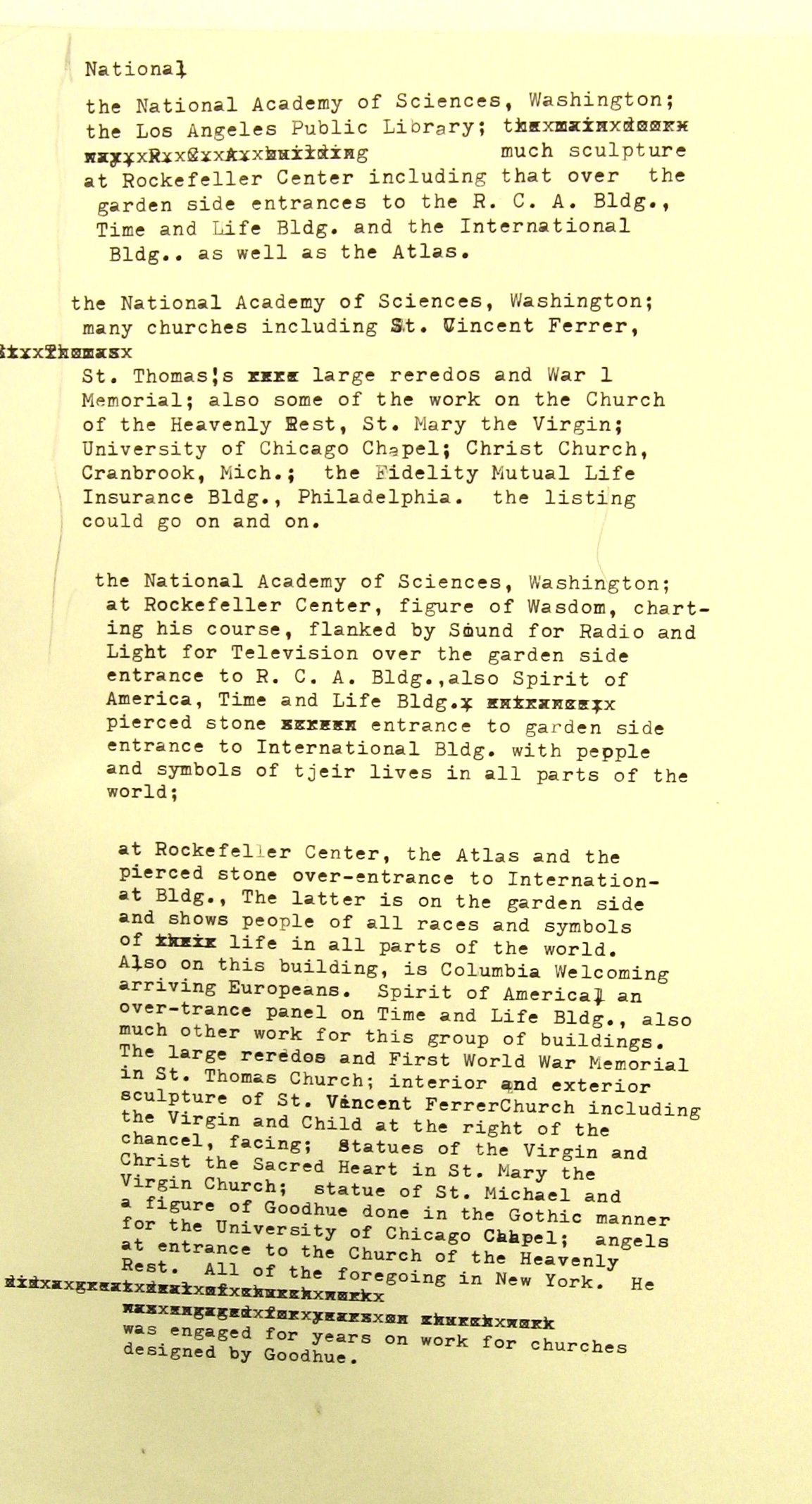Library of Congress typescript listing Lee Lawrie’s major commissions, including the National Academy of Sciences, Los Angeles Public Library and Rockefeller Center