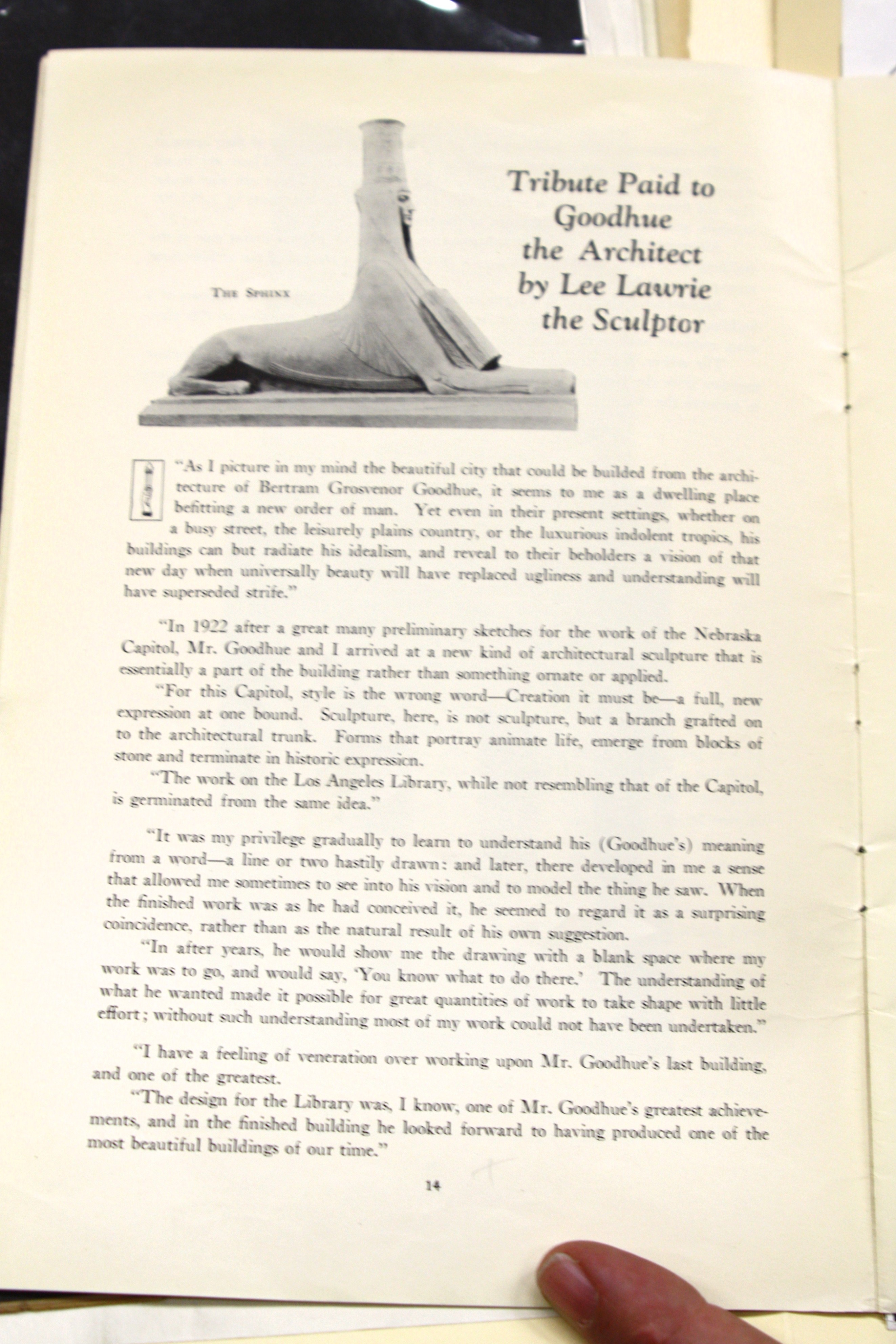 Archival document of Lawrie’s tribute to Goodhue., from Lee Lawrie’s Primary sources collection.