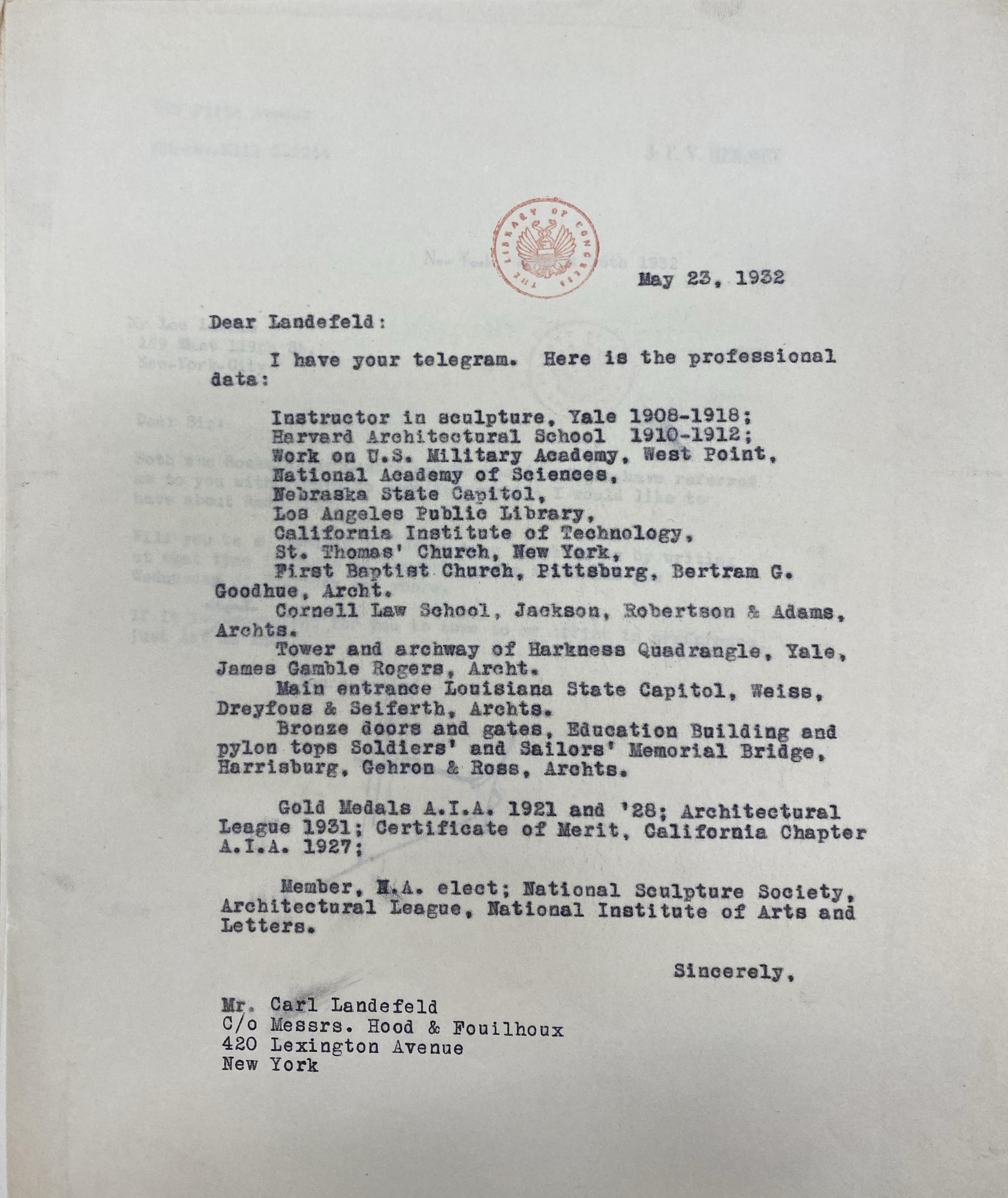 Lee Lawrie résumé letter dated May 23, 1932