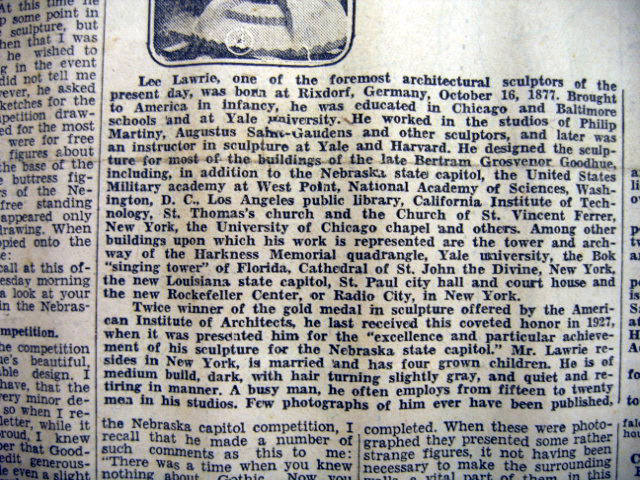 Published biographical sketch of Lee Lawrie, Portraits, records & studio life