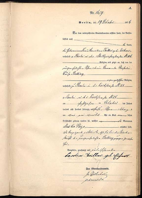 Original birth certificate of Hugo Belling, Portraits, records & studio life