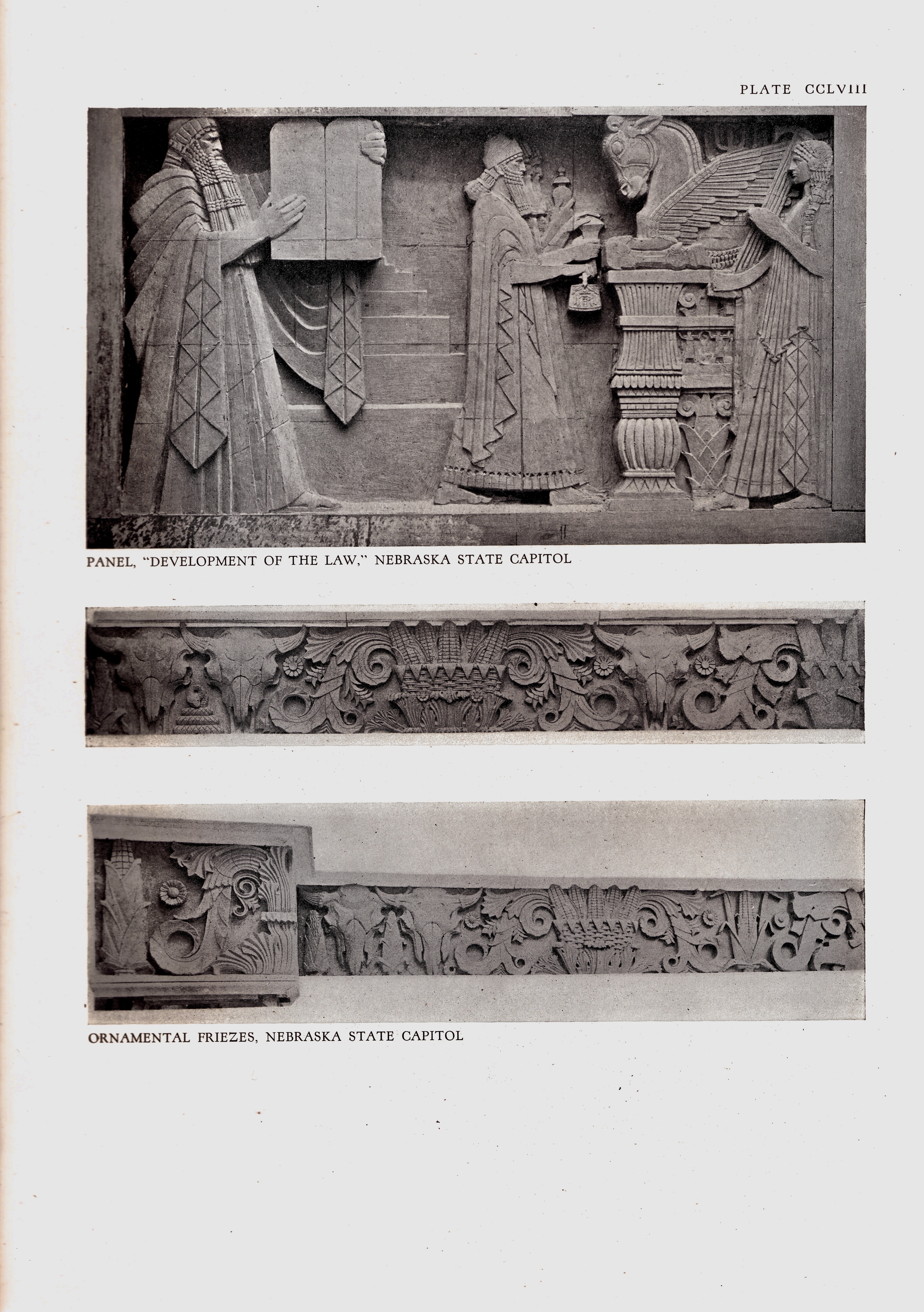 Archival document of Moses Bringing the Ten Commandments Down from Mount Sinai, The Golden Calf appears nearby. Mosaic Law and kingly law form early foundations of law in Western civilization. A Harmony of the Arts, Whitaker, AIA, 1926., from Lee Lawrie’s Nebraska State Capitol collection.