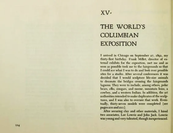 Archival document of Proctor’s autobiography, page 114, The page on which Proctor recalled hiring Lee Lowrie and John Jack as his associates., from Lee Lawrie’s World’s Columbian Exposition · 1893 collection.