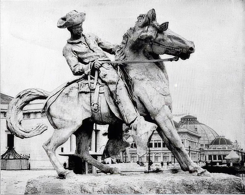 Photograph of The Cowboy in staff at the Columbian Exposition, The original Exposition monument was made from staff, a mixture of plaster and hemp fibres., from Lee Lawrie’s World’s Columbian Exposition · 1893 collection.
