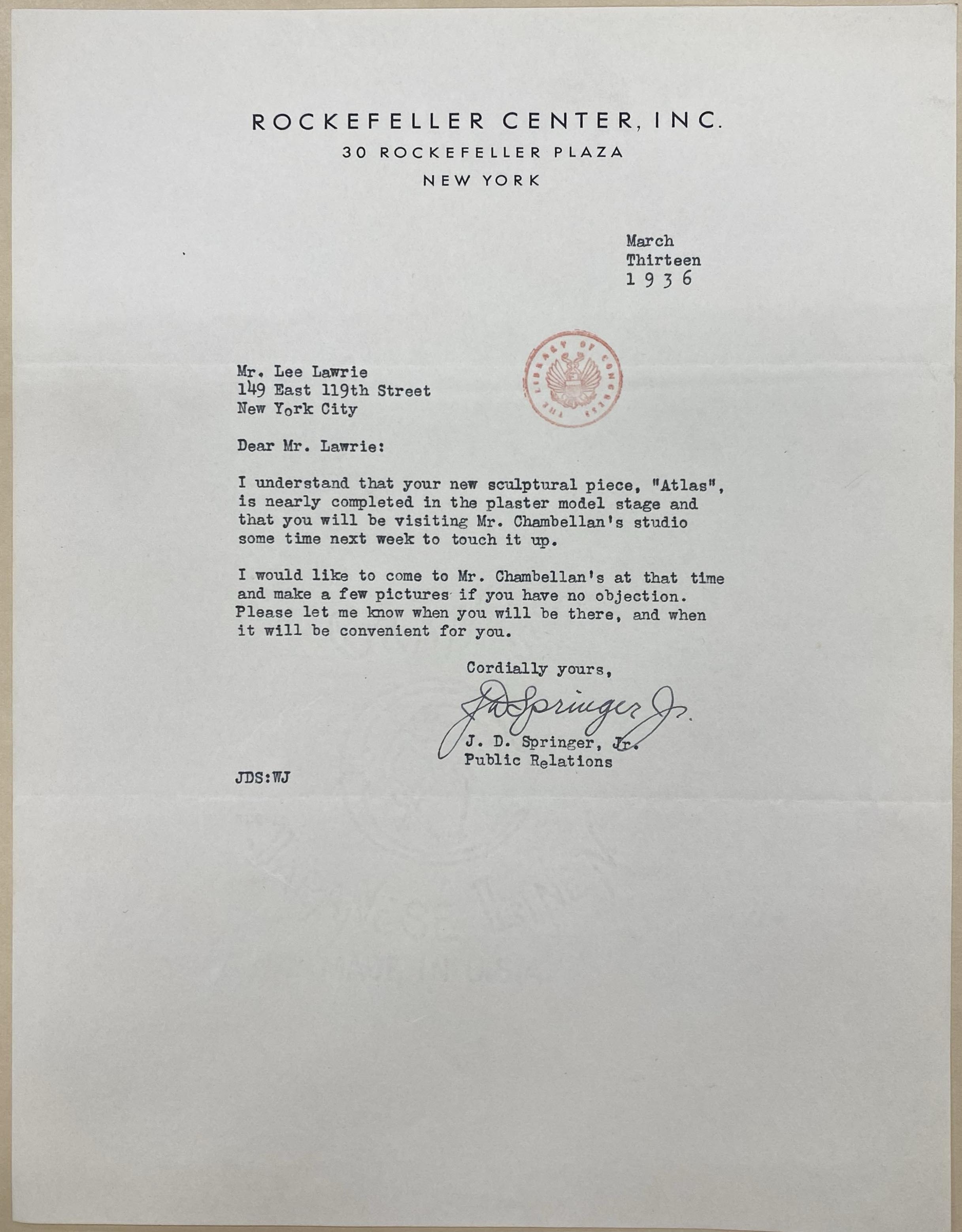 March 13, 1936 Rockefeller Center letter discussing the timing of the Atlas sculpture