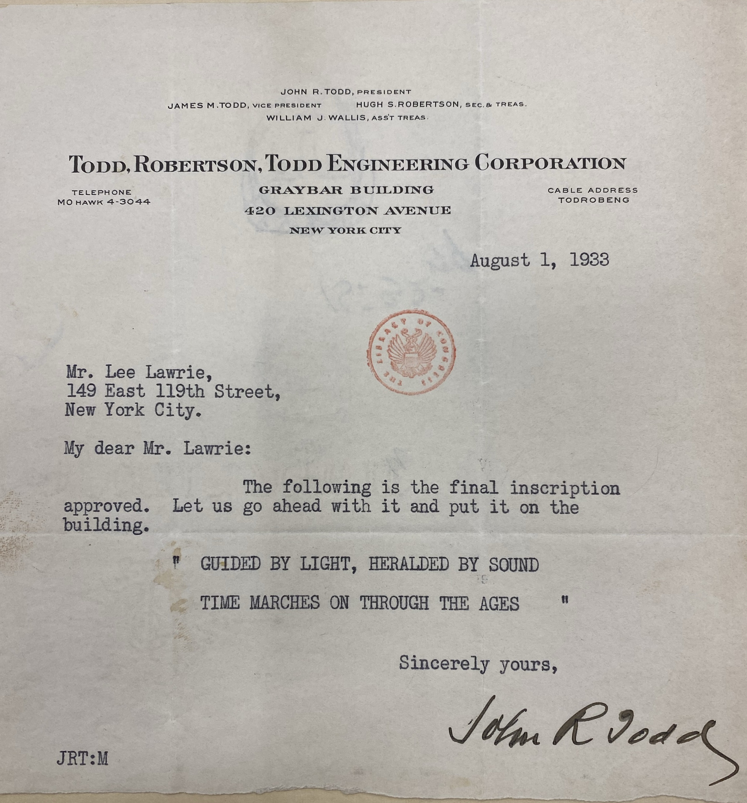 1933 correspondence from Raymond Hood’s architectural firm concerning a proposed inscription for Wisdom Creating the Universe