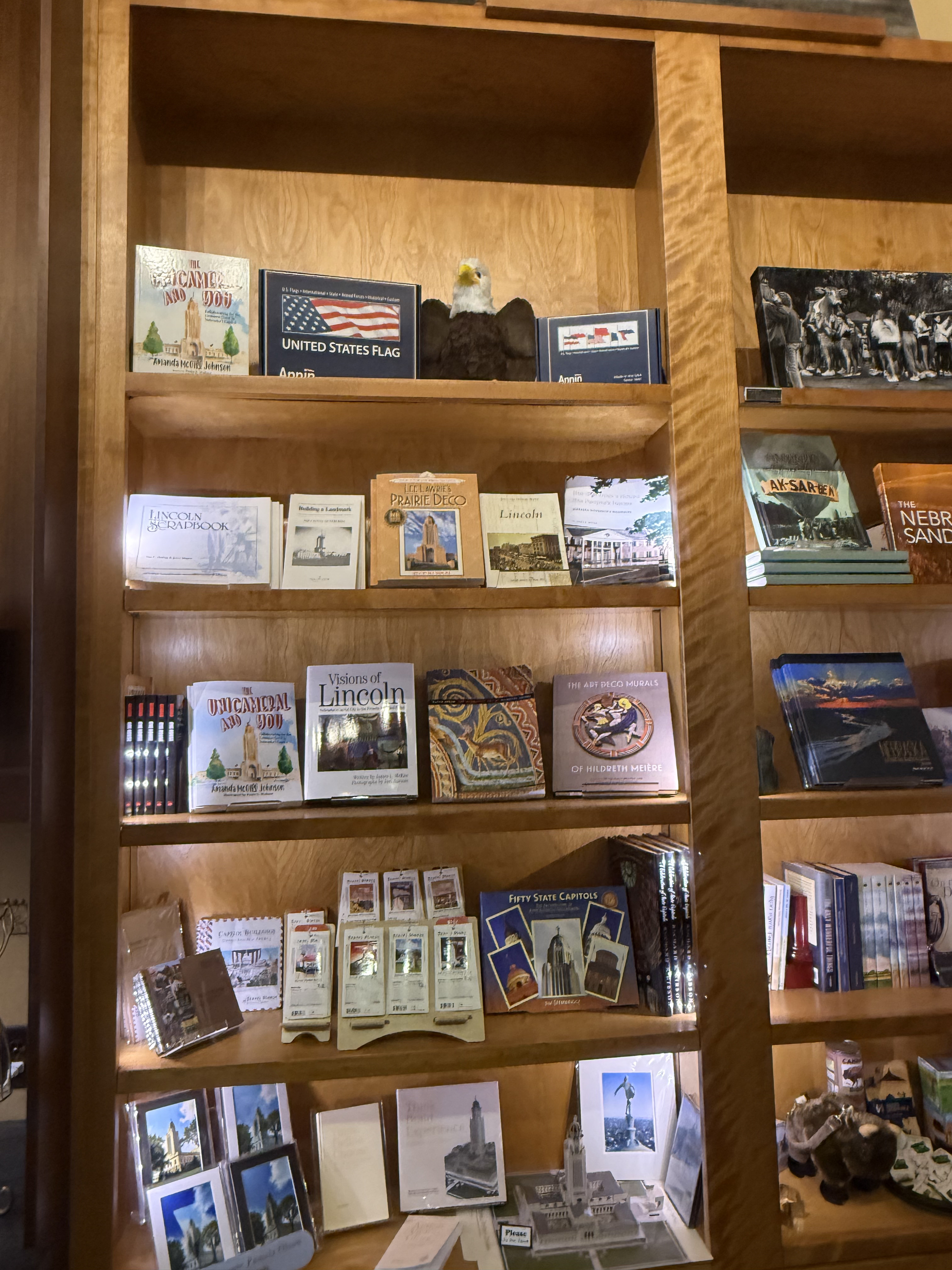 Lee Lawrie’s Prairie Deco displayed for sale on a bookshelf at the Nebraska State Capitol