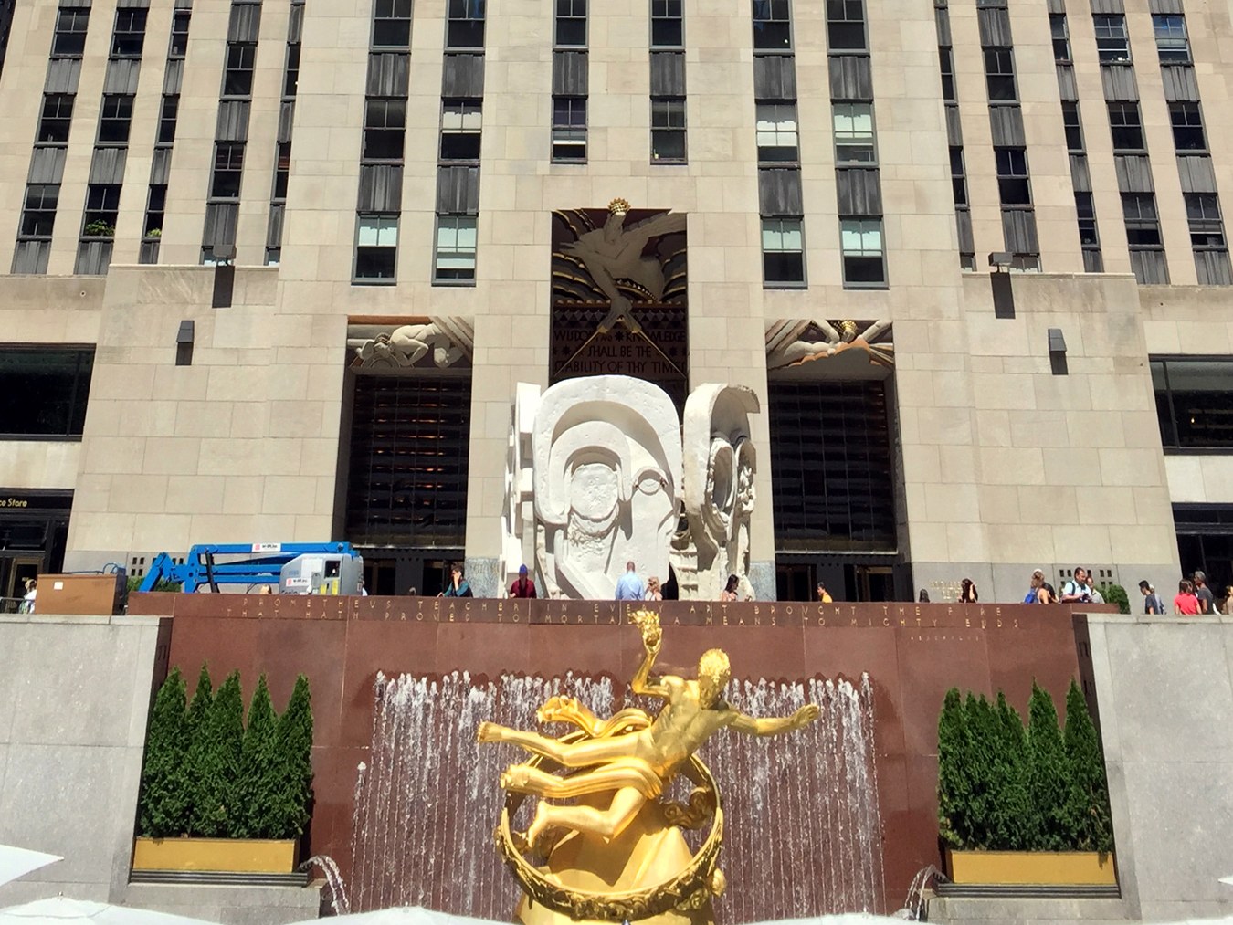 Prometheus sculpture viewed from the Rockefeller Center Lower Plaza