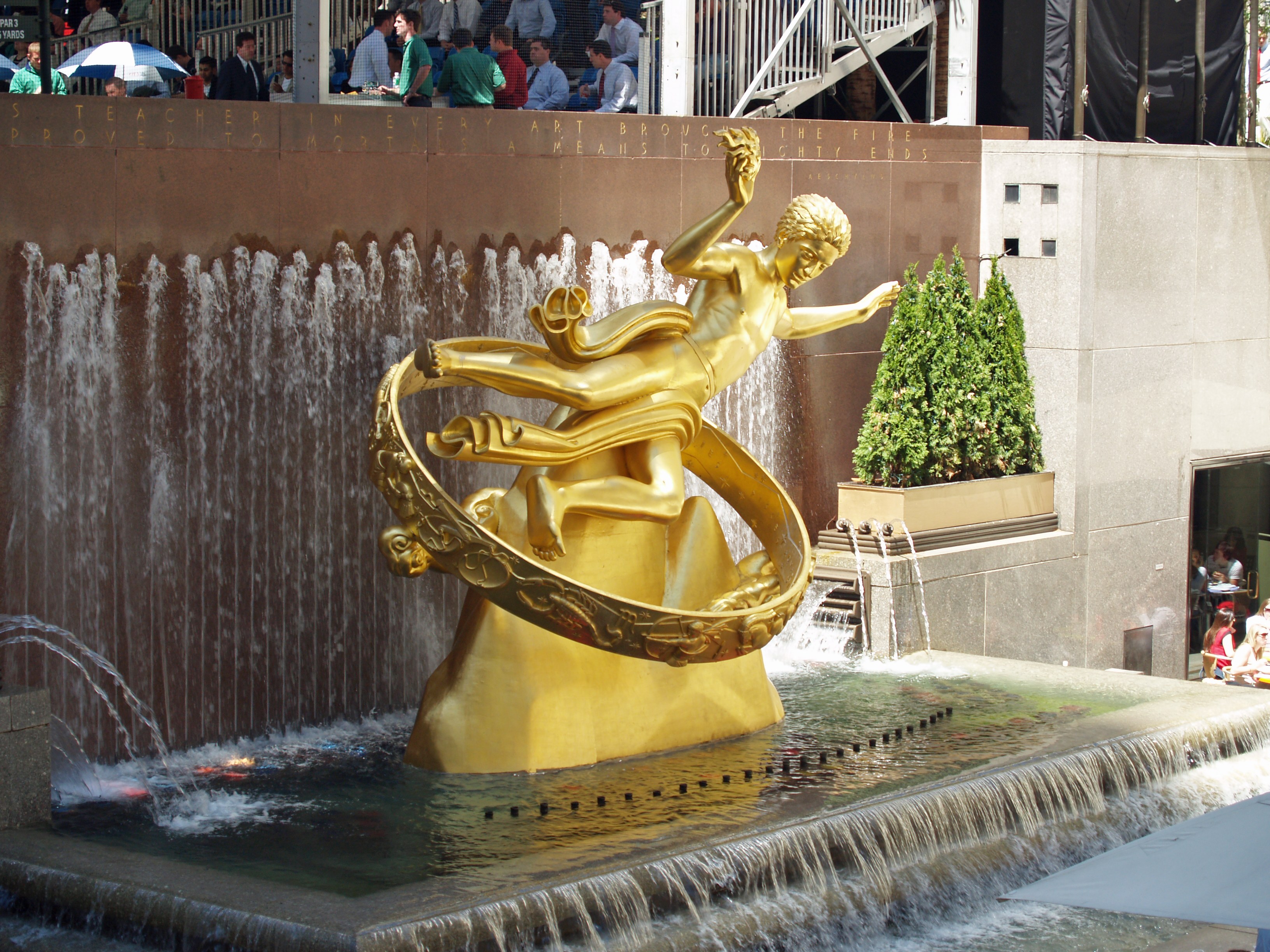 Prometheus sculpture above the Lower Plaza at Rockefeller Center