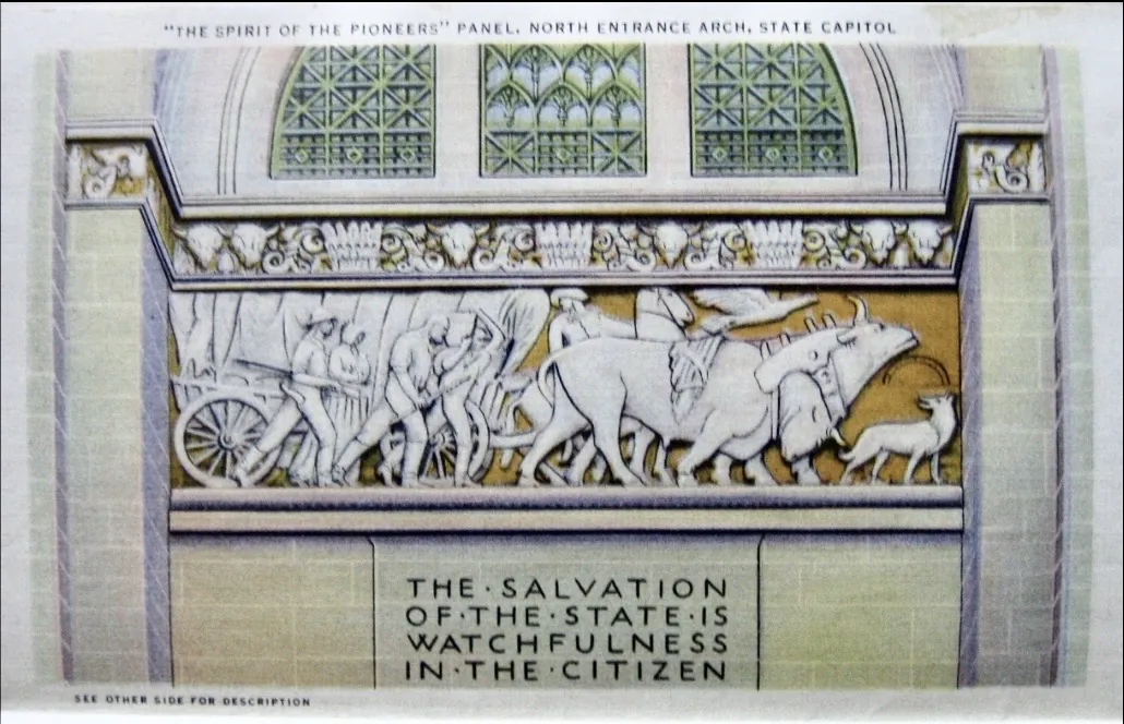 Vintage postcard showing Lee Lawrie’s “The Spirit of the Pioneers” relief above the Nebraska State Capitol’s north entrance inscription.