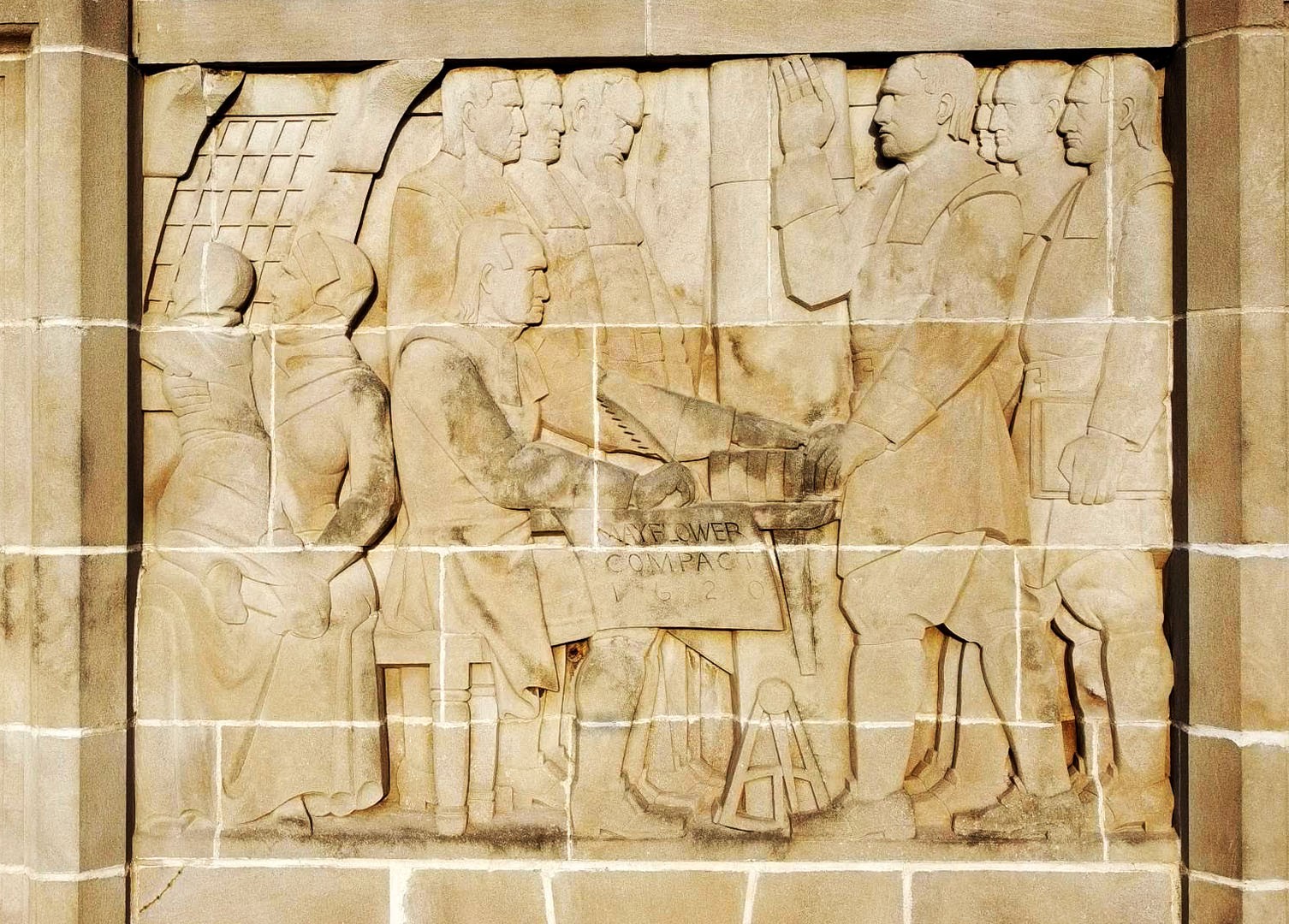 The Signing of the Pilgrim Compact on the Mayflower relief at the Nebraska State Capitol