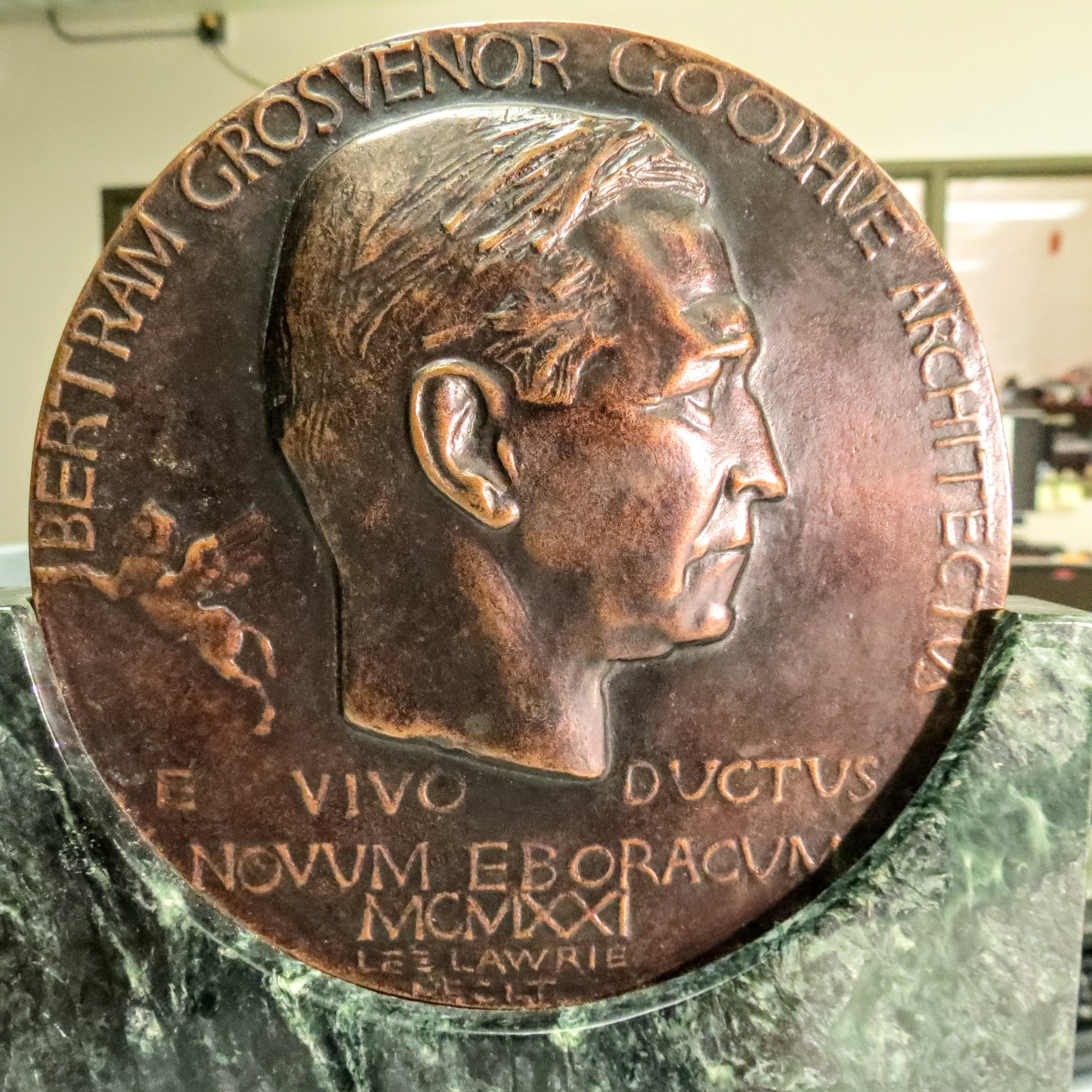 Photograph of Bertram Grosvenor Goodhue Architecture Medal, obverse, from Lee Lawrie’s Details, Details collection.