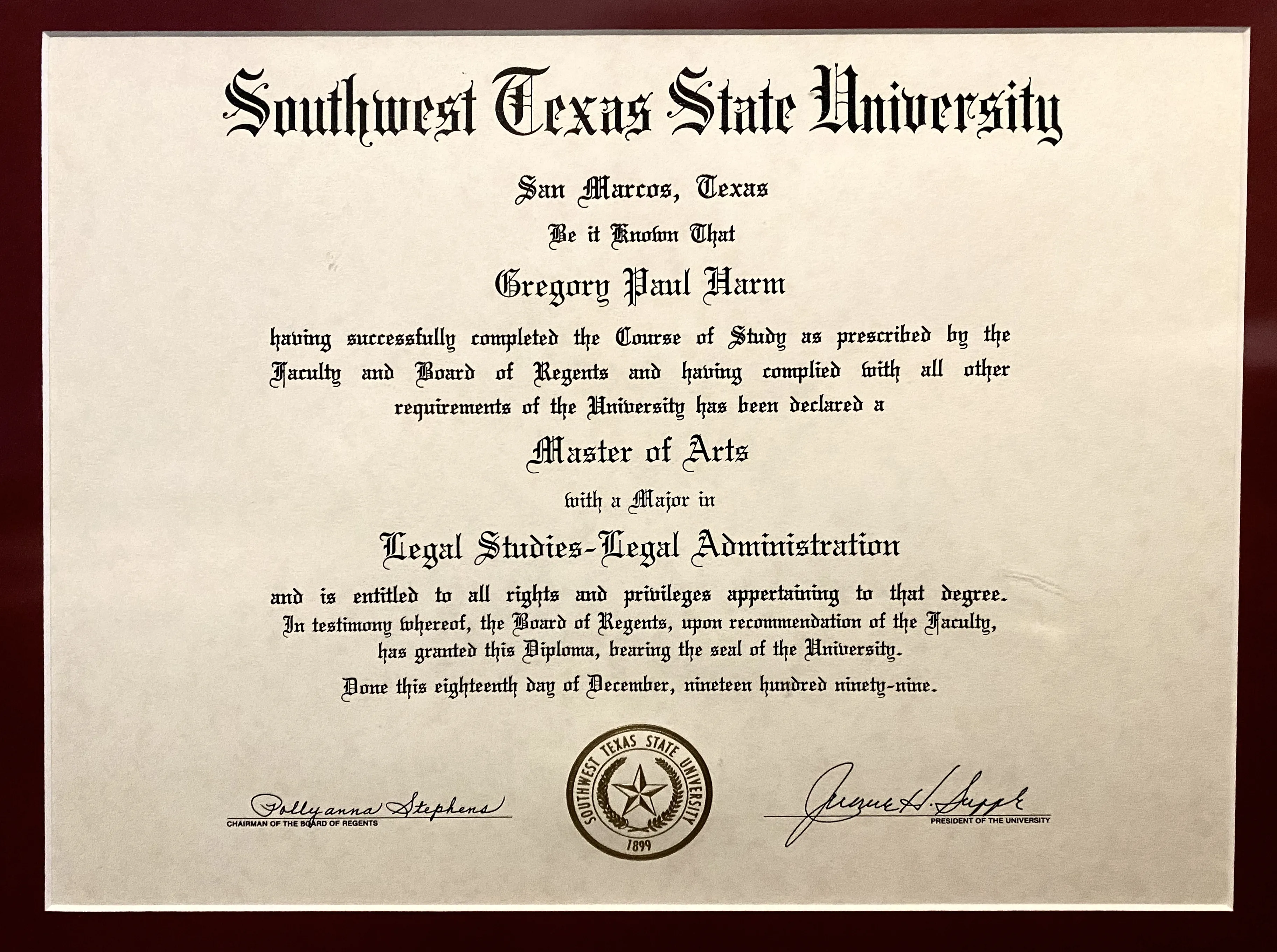 Gregory Paul Harm’s Master of Arts diploma from Southwest Texas State University