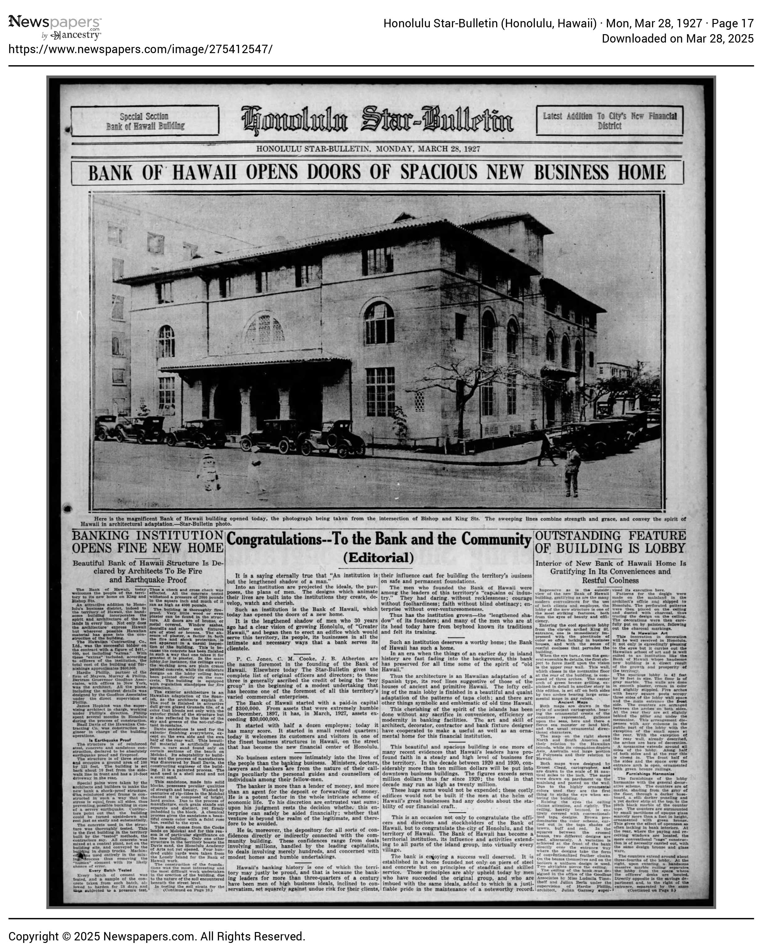 “Bank Opens,” Honolulu Star-Bulletin, March 28, 1927, Honolulu, Hawaii