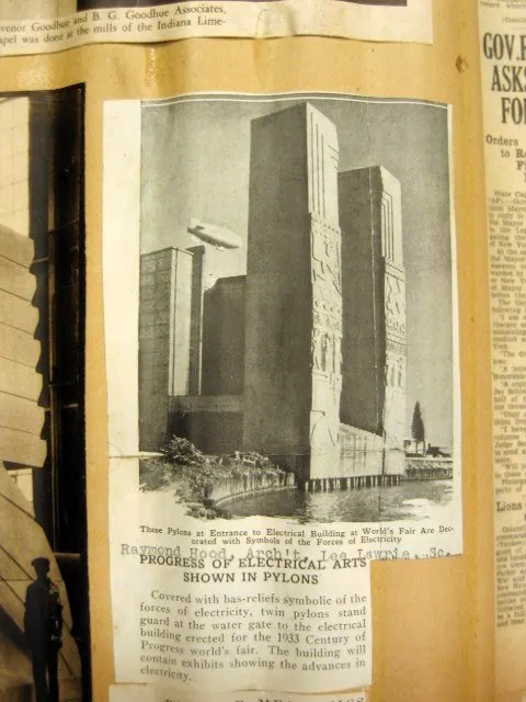 A newspaper clipping featuring Lawrie's Pylons at the Water Gate next to the Electrical Group Building, designed by Raymond Hood., Chicago · 1933